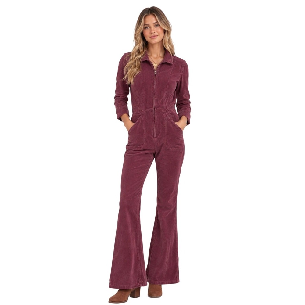 We The Free Free People Marci Cord Jumpsuit Burgundy Flare Leg Long Sleeve S